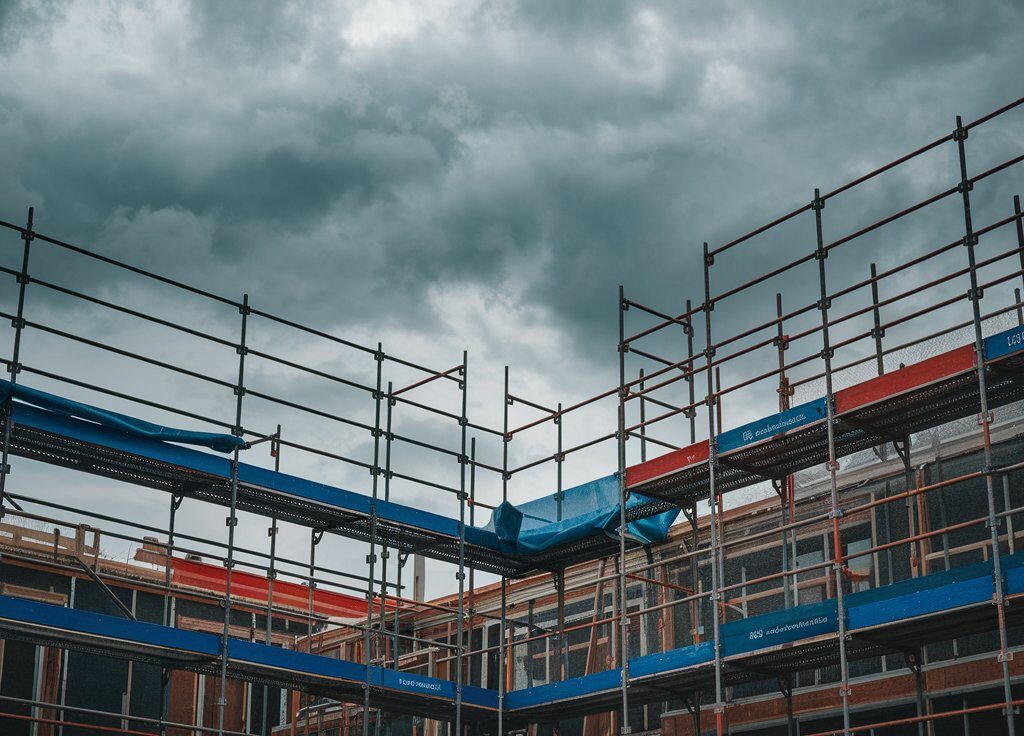 Ilustrasi scaffolding modern di situs konstruksi dengan pekerja menggunakan perlengkapan keselamatan, dirancang untuk promosi media sosial oleh penyedia jual scaffolding terpercaya.